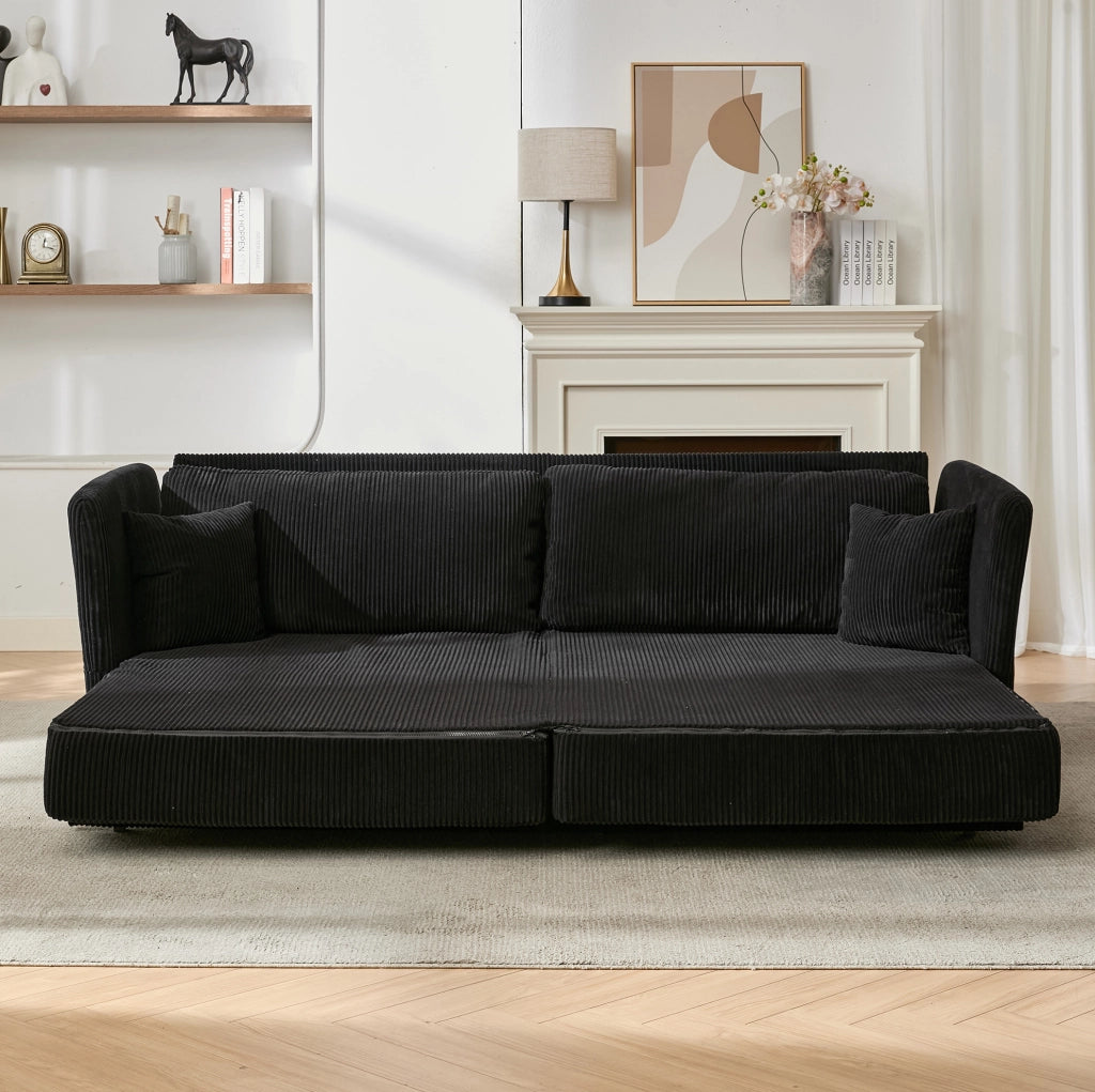 Divano letto trasformabile in velluto a coste nero, 182 cm