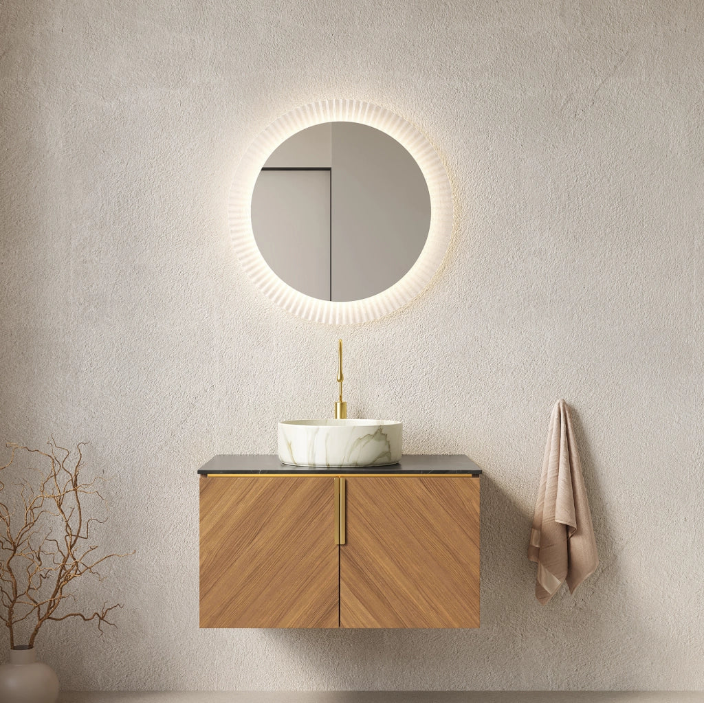 Mobile bagno sospeso 76 cm con lavabo in ceramica rotondo bianco effetto pietra e piano in pietra sinterizzata nera, armadietto in compensato con finitura rovere marrone