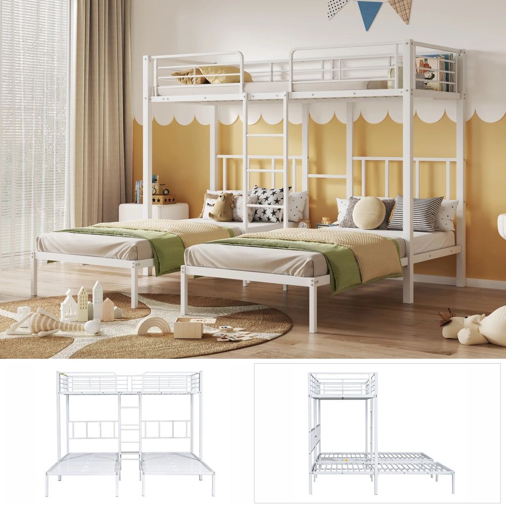 Letto a castello triplo per bambini e ragazzi 90 × 200 cm in metallo bianco con scala tavolo e sponde alte