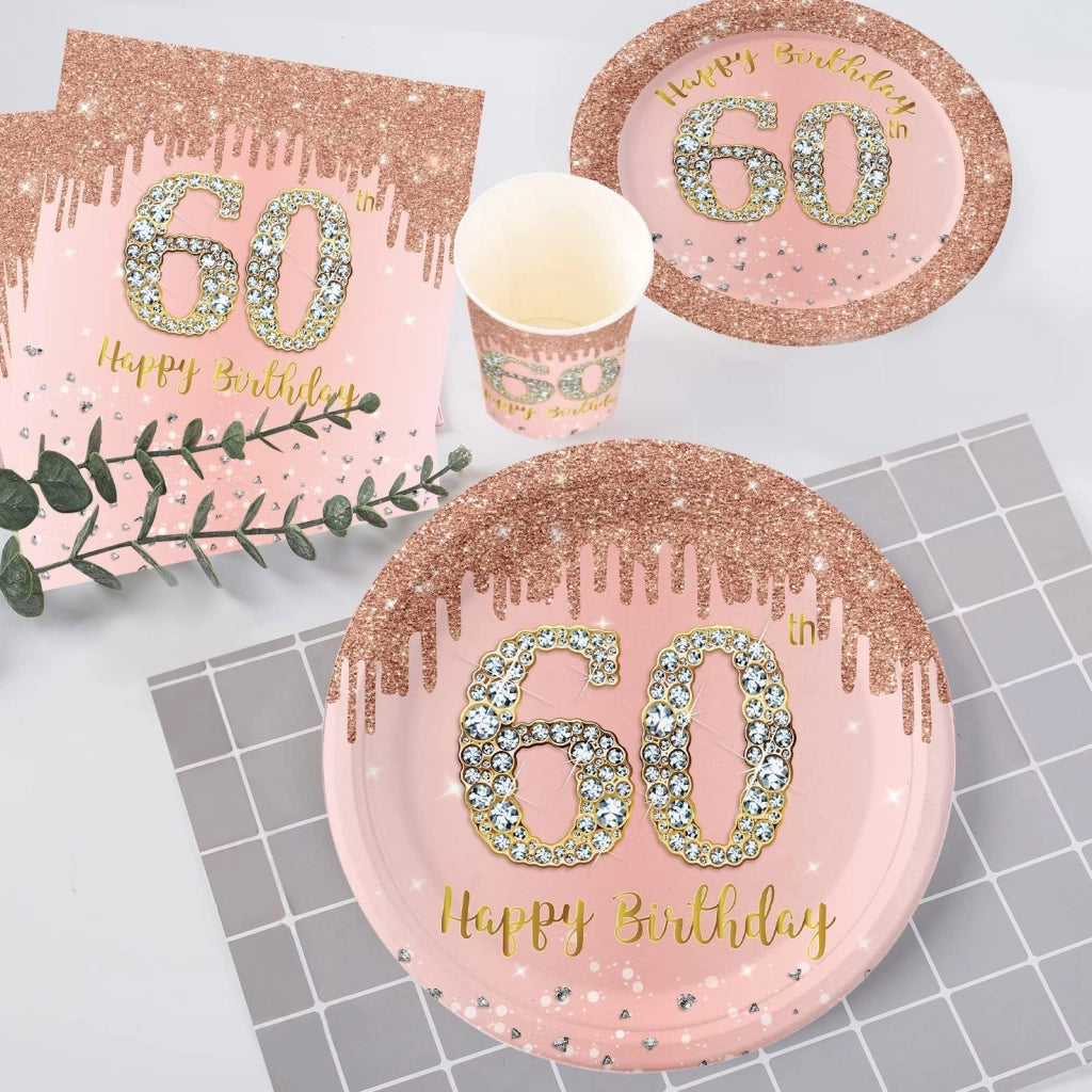 Set di stoviglie per feste, 60° compleanno, color oro rosa, 69 pezzi, per 16 ospiti, include piatti e bicchieri