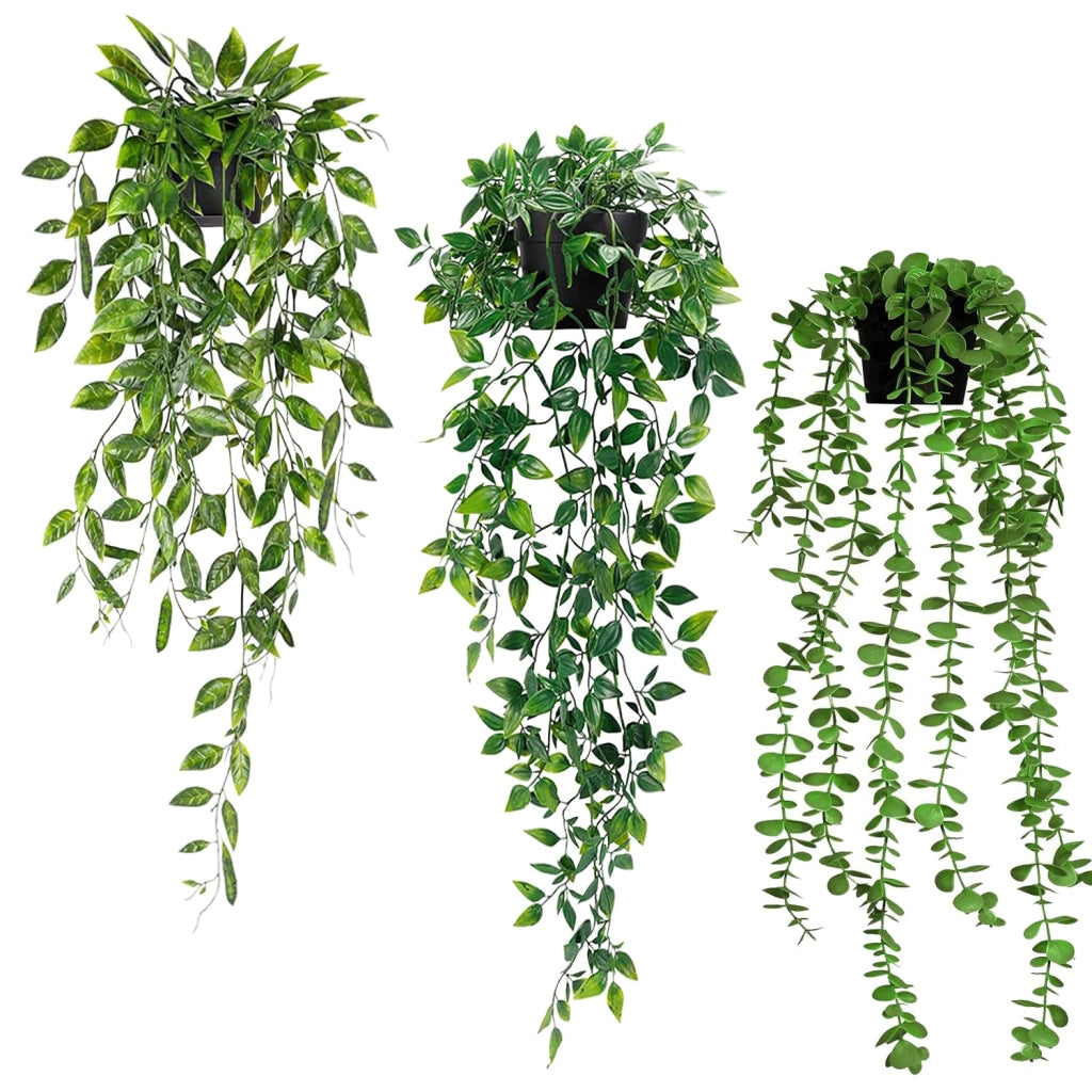 Set di 3 piante artificiali da appendere, complete di vasi, varietà di eucalipto, altezza da 55 a 82 cm