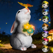 Statuetta solare coniglio con farfalla e illuminazione LED a 7 colori, 22,5 cm, per giardino, balcone, laghetto e prato
