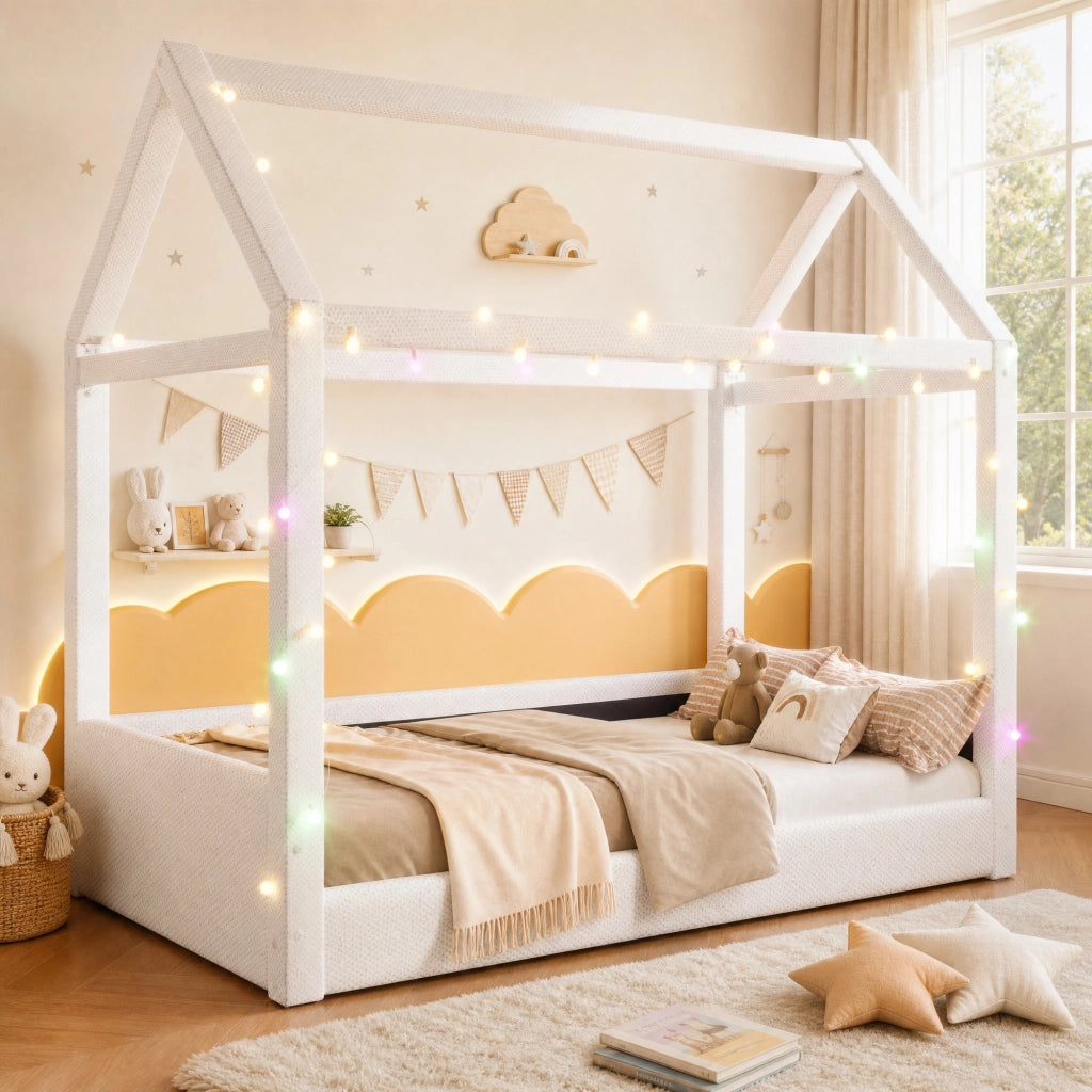 Letto a casetta imbottito con LED, 90x200 cm, beige