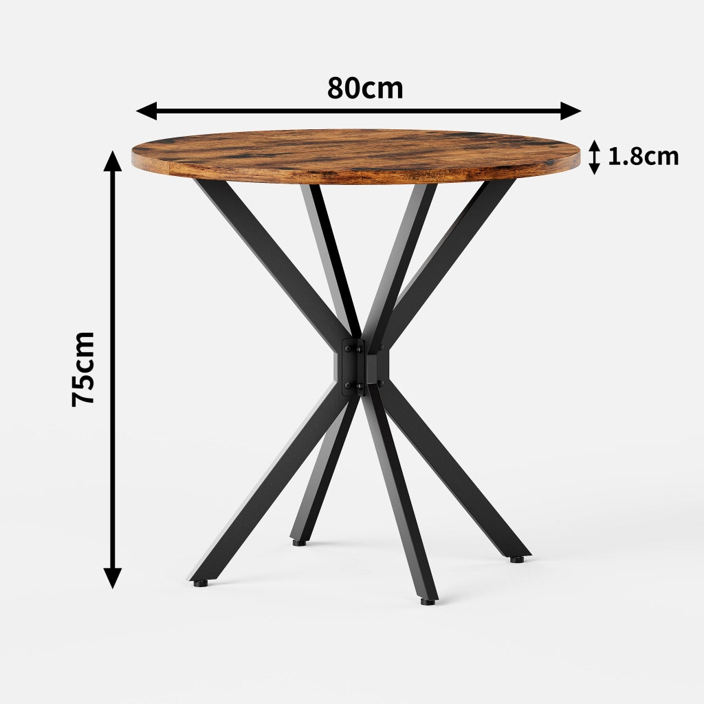Tavolo da pranzo rotondo 80 × 80 × 75 cm per 2 persone in truciolare marrone e ferro nero con piedi regolabili