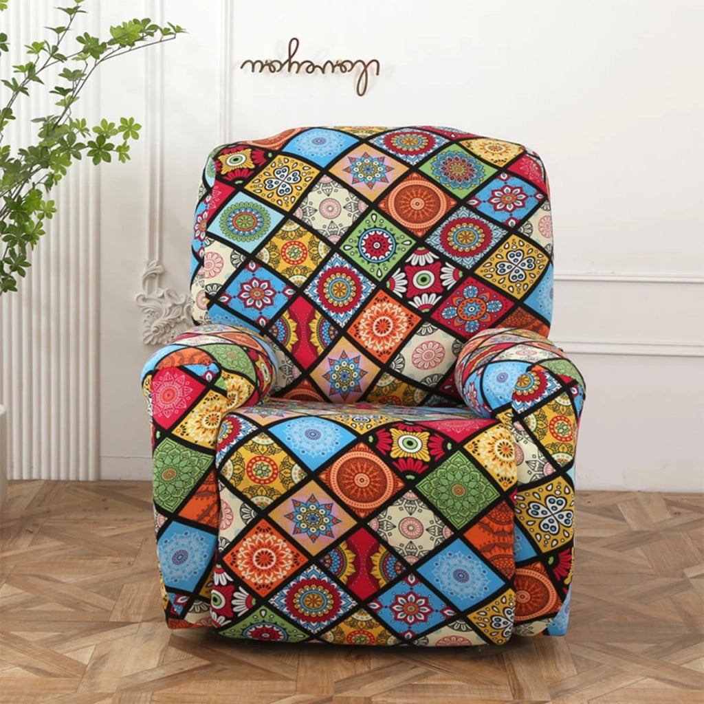 Set di 4 copripoltrona elasticizzati con motivo mandala e tasche laterali