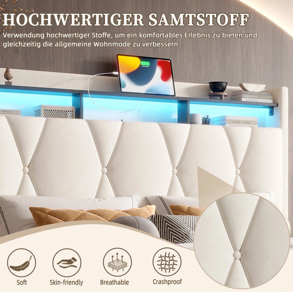 Letto contenitore 160x200 beige in velluto con LED, USB, Type-C e materasso