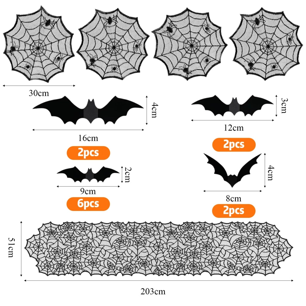 Set per la decorazione della tavola a tema Halloween: tovaglia, tovagliette e adesivi a forma di pipistrelli