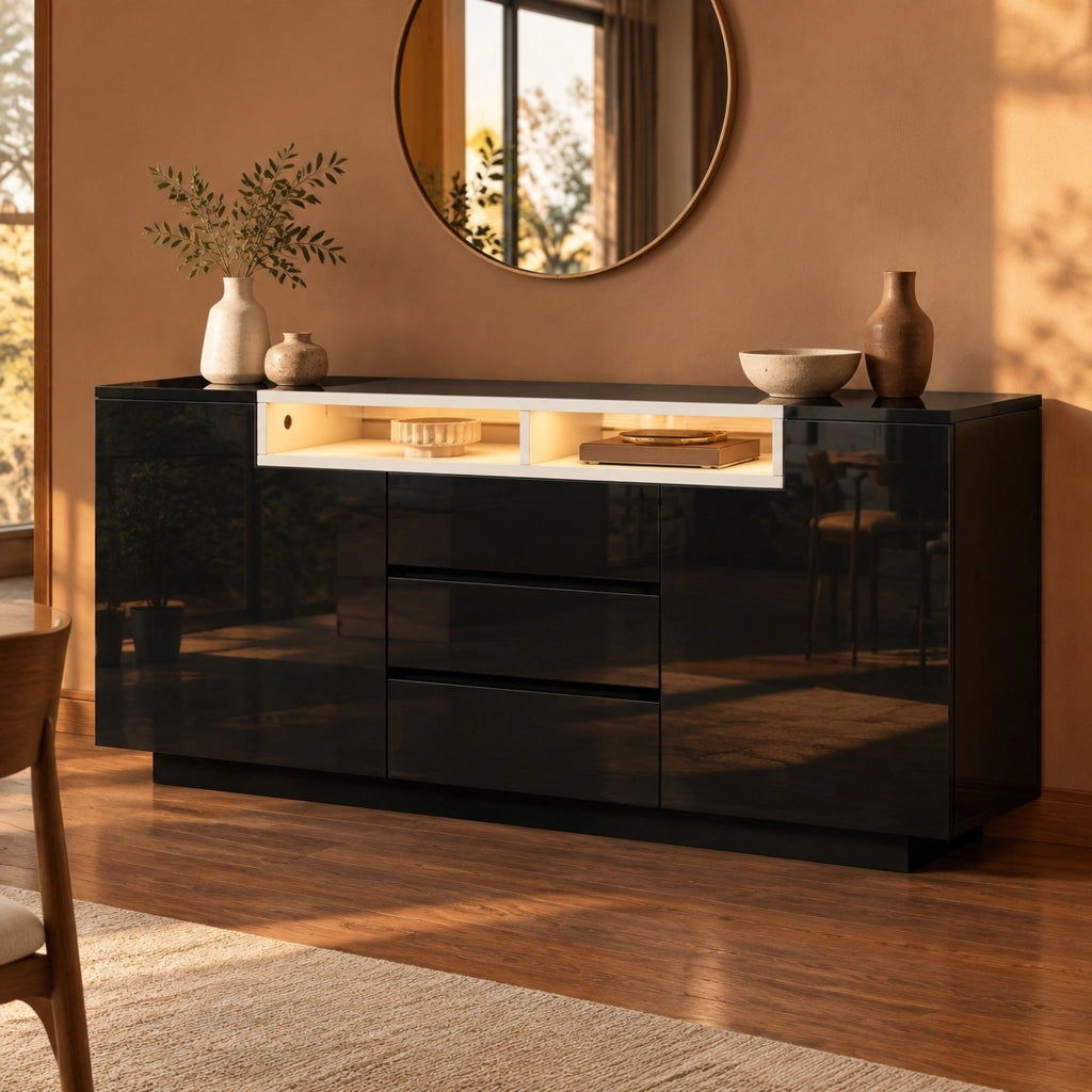 Credenza nera lucida 140 x 40 x 68 cm con cassetti e luci LED