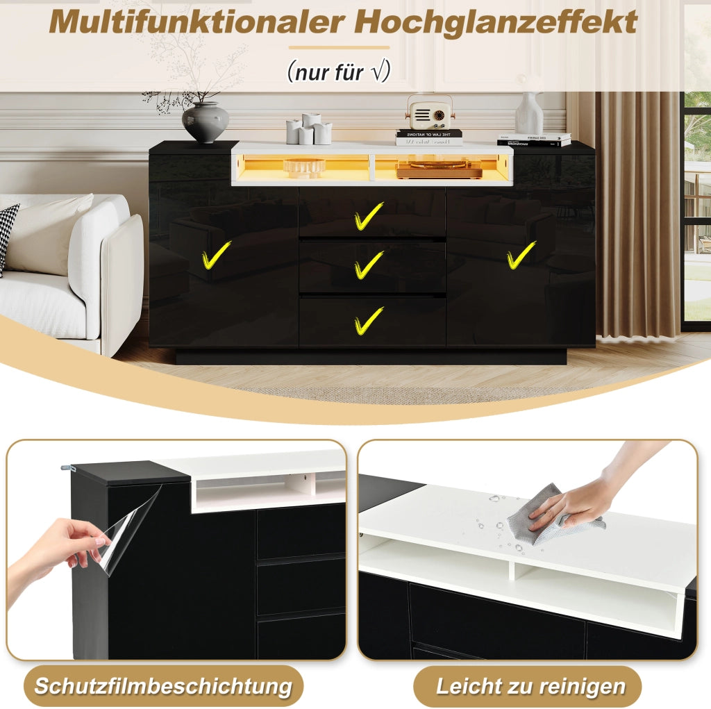 Credenza nera lucida 140 x 40 x 68 cm con cassetti e luci LED