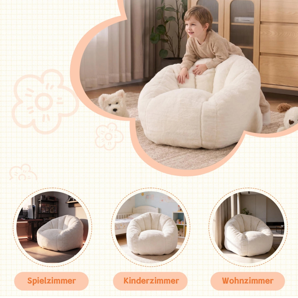 Pouf per bambini in poliestere beige con forma curva ergonomica per cameretta; lettura e momenti di gioco