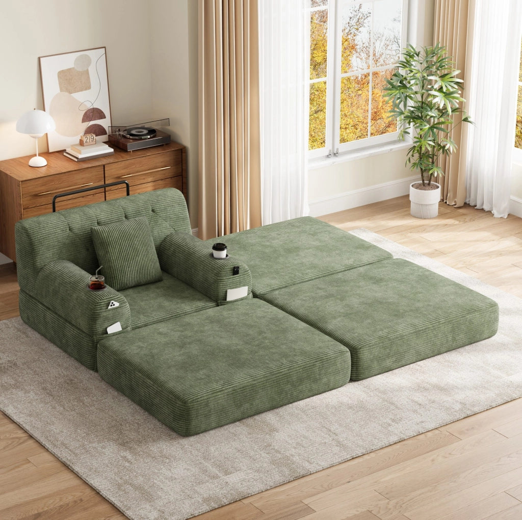 Poltrona letto in velluto a coste verde con tasche e portabicchieri