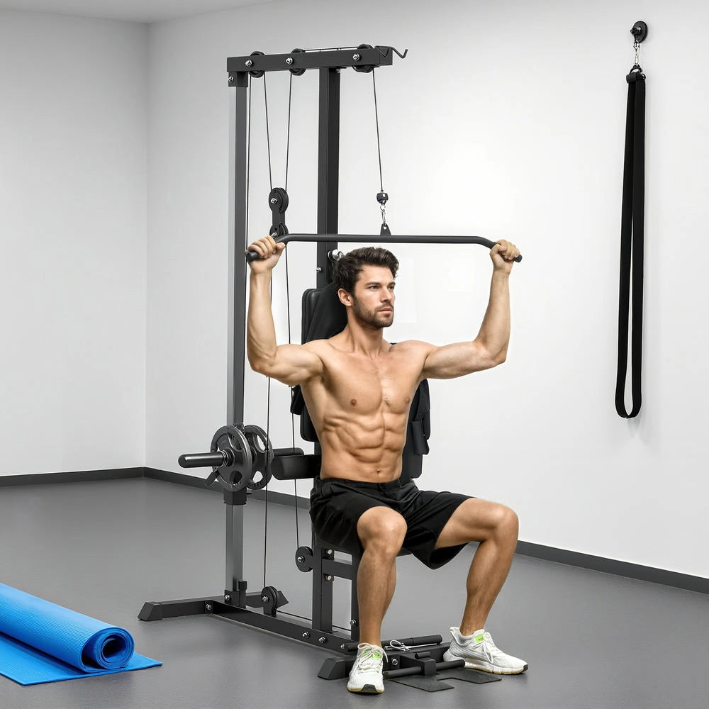 Stazione multifunzione lat machine per casa, attrezzo fitness in acciaio ed ecopelle per trazioni e rematore, regolabile e robusto, nero