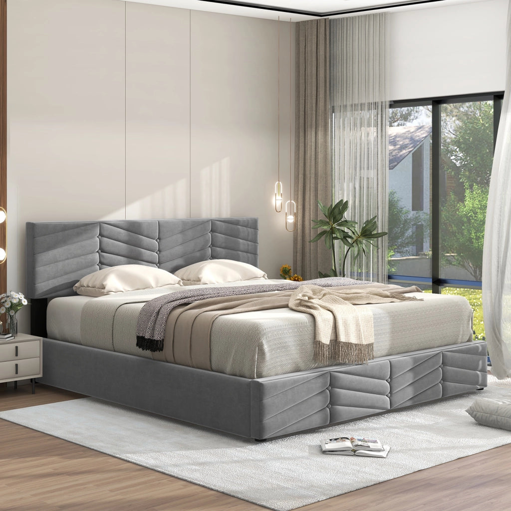 Letto matrimoniale contenitore 140 × 190 cm in velluto grigio con testiera regolabile e rete a doghe inclusa