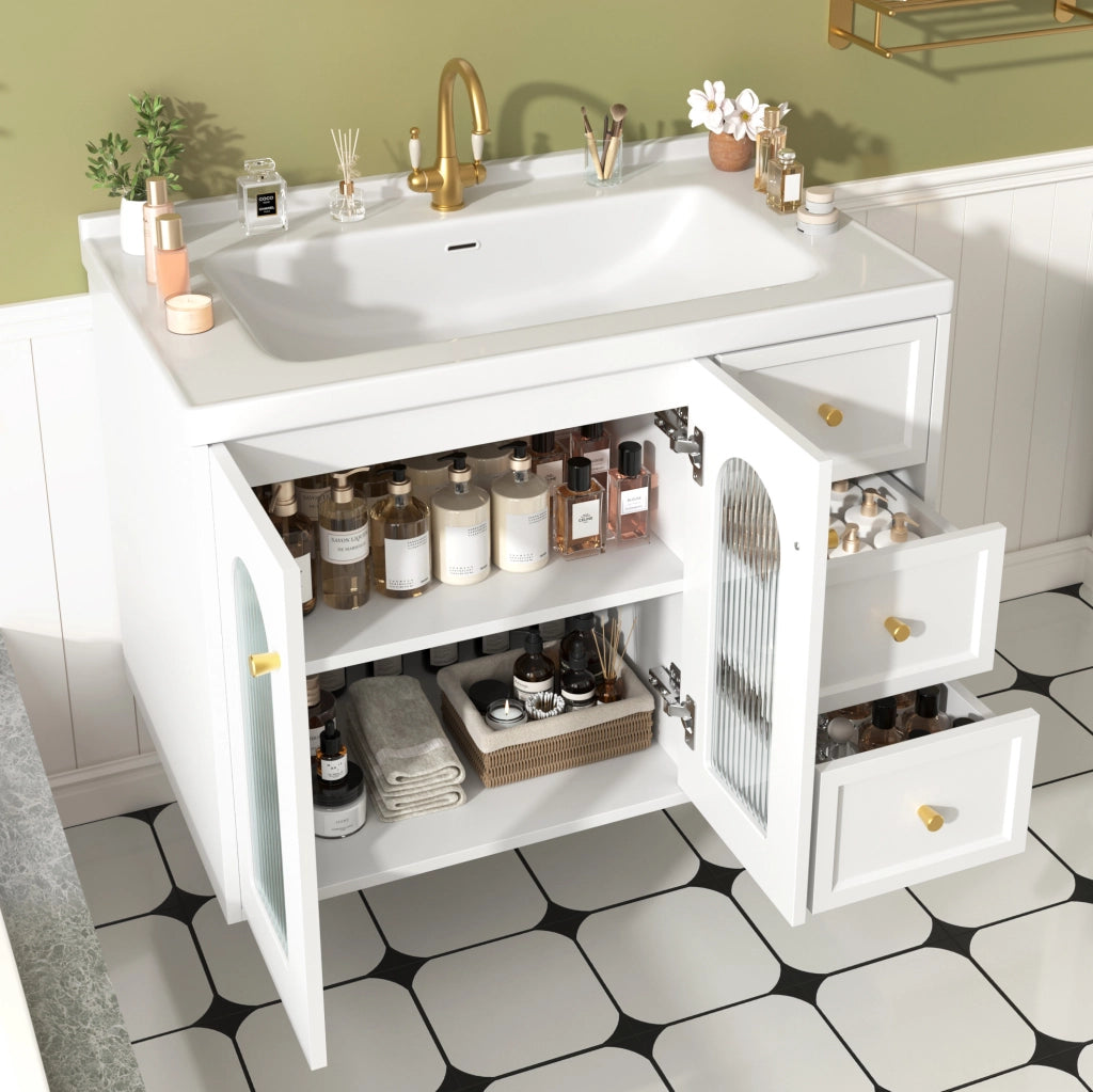 Mobile lavabo sospeso 80 cm in MDF bianco con 2 cassetti e lavabo in ceramica
