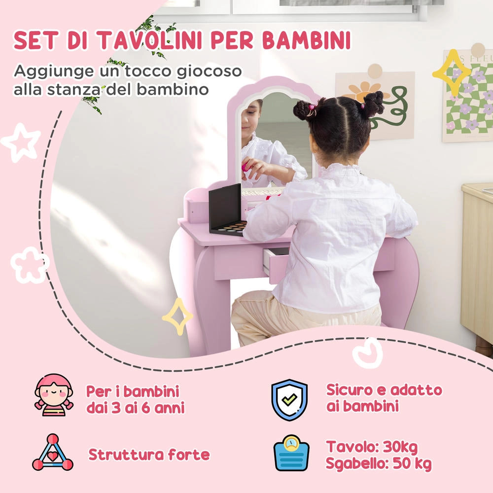 Set Toeletta per Bambini con Specchio e Sgabello in Legno Tavolo da Trucco con Cassetto per Cameretta Rosa