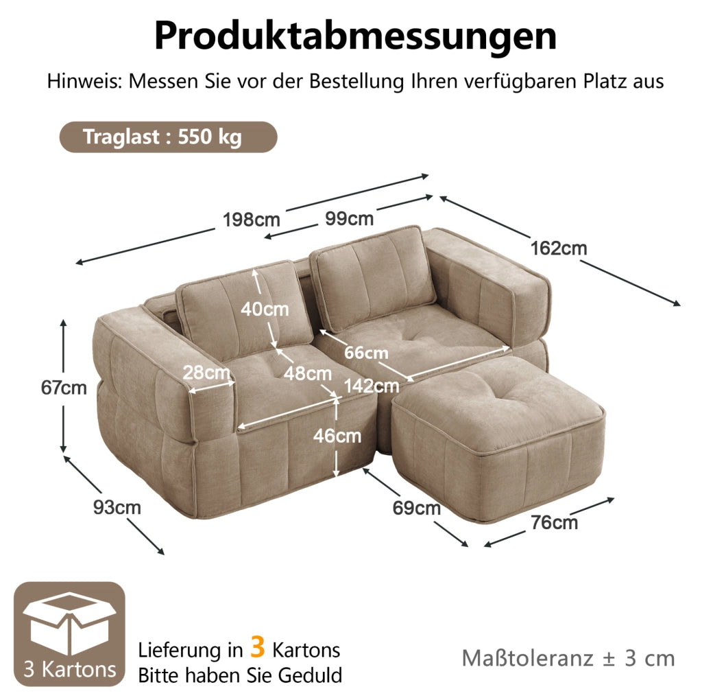 Divano modulare a due posti con pouf color sabbia