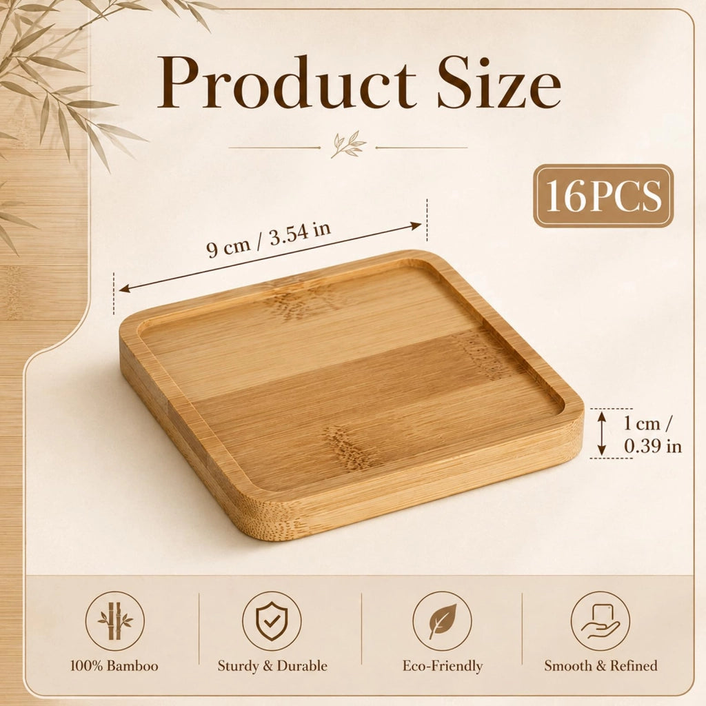 Set di 16 vassoi quadrati in bambù, 9x9 cm, sottobicchieri in legno