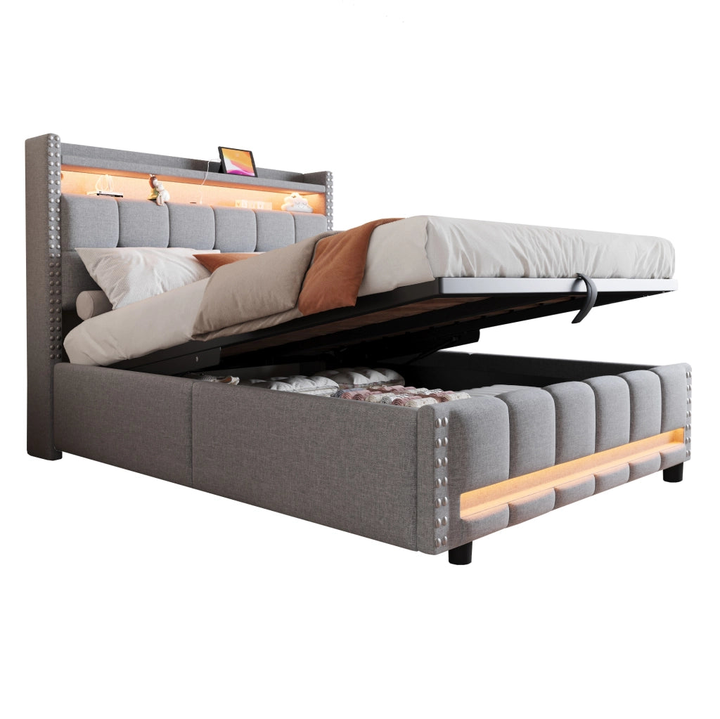 Letto imbottito 140 × 200 cm con contenitore idraulico; LED e presa USB; lino grigio chiaro
