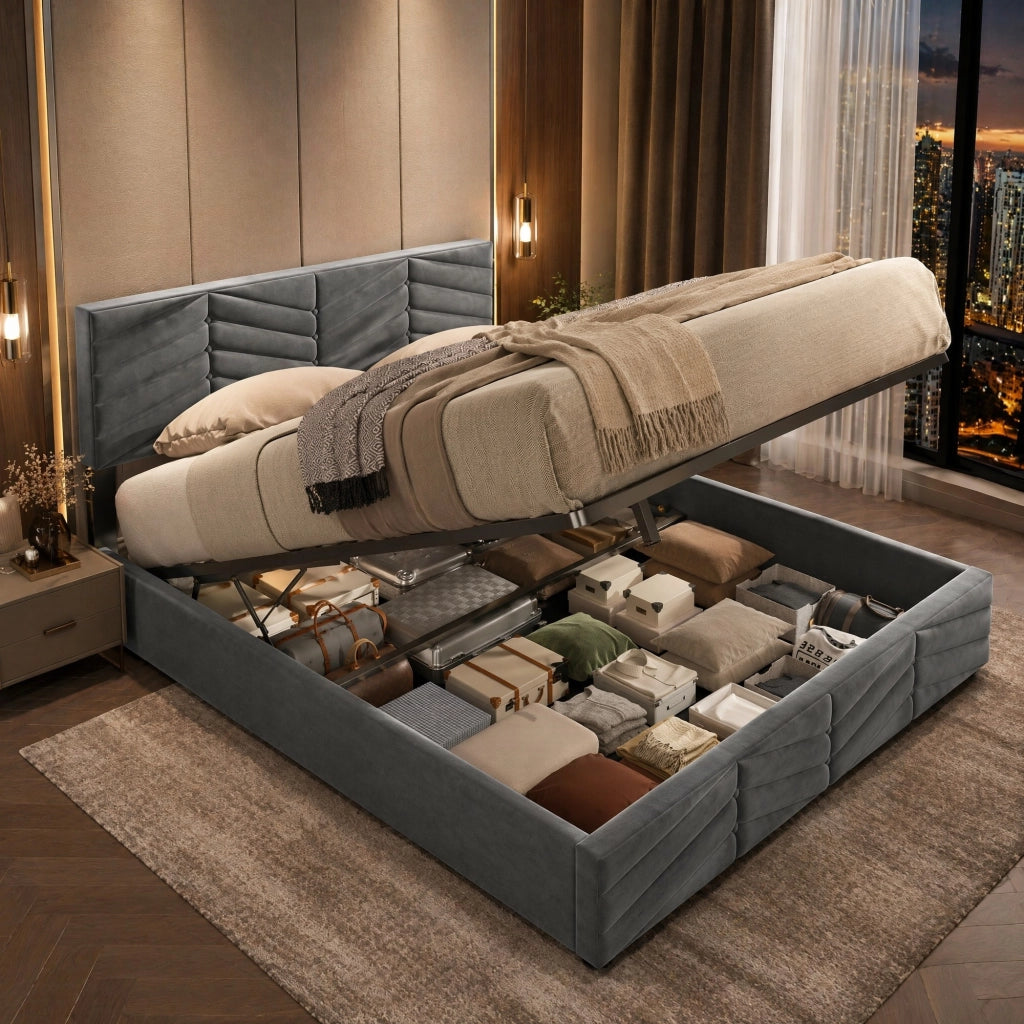 Letto matrimoniale contenitore 140 × 190 cm in velluto grigio con testiera regolabile e rete a doghe inclusa