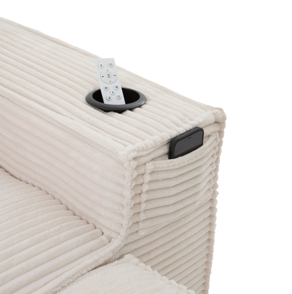 Divano modulare 4 posti 330x162x75 cm con 2 pouf, portabicchieri, tasche laterali e cuscini inclusi in velluto a coste beige