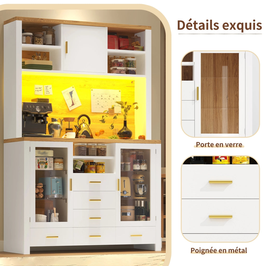 Credenza con illuminazione LED controllabile tramite app in MDF e vetro bianca effetto legno con sistema antiribaltamento