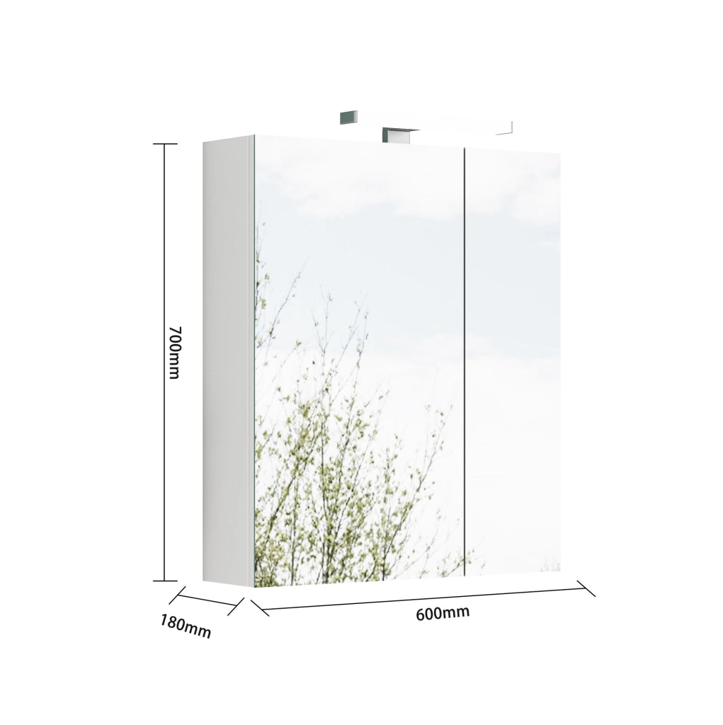 Mobile da bagno 60 cm bianco con specchio, porte asimmetriche, illuminazione LED e presa francese integrata