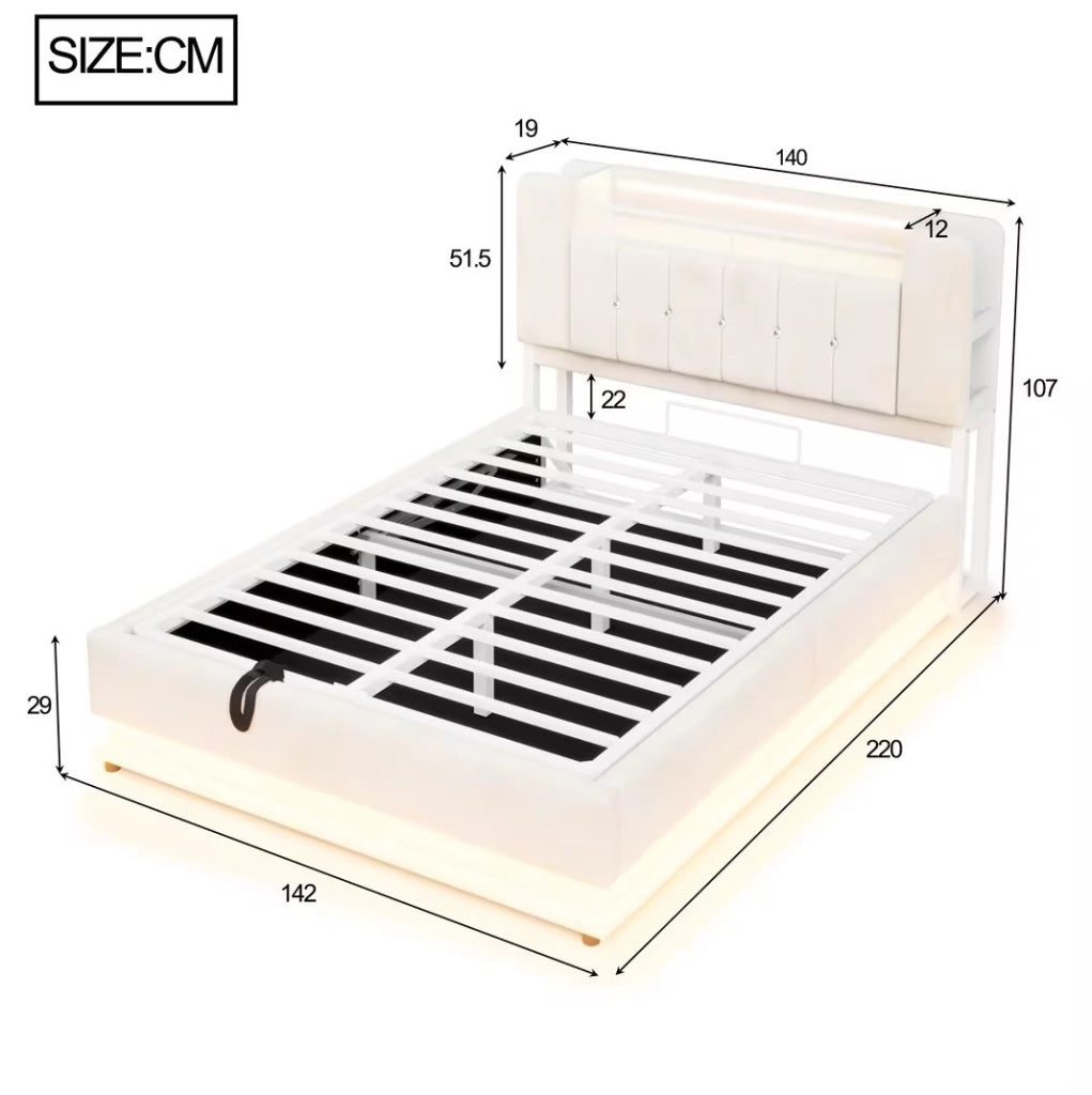 Letto imbottito beige 140 x 200 cm con LED, USB e contenitore idraulico