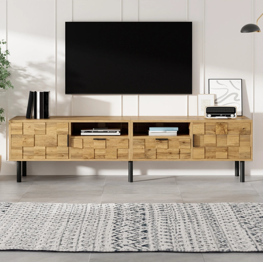 Mobile TV con design a mosaico in truciolato effetto legno, 2 porte, 2 cassetti, 2 vani aperti, piedi in metallo nero 160x35x42,5 cm
