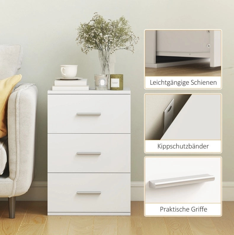 Comodino bianco 40x35x60 cm con 3 cassetti e maniglie argentate in MDF