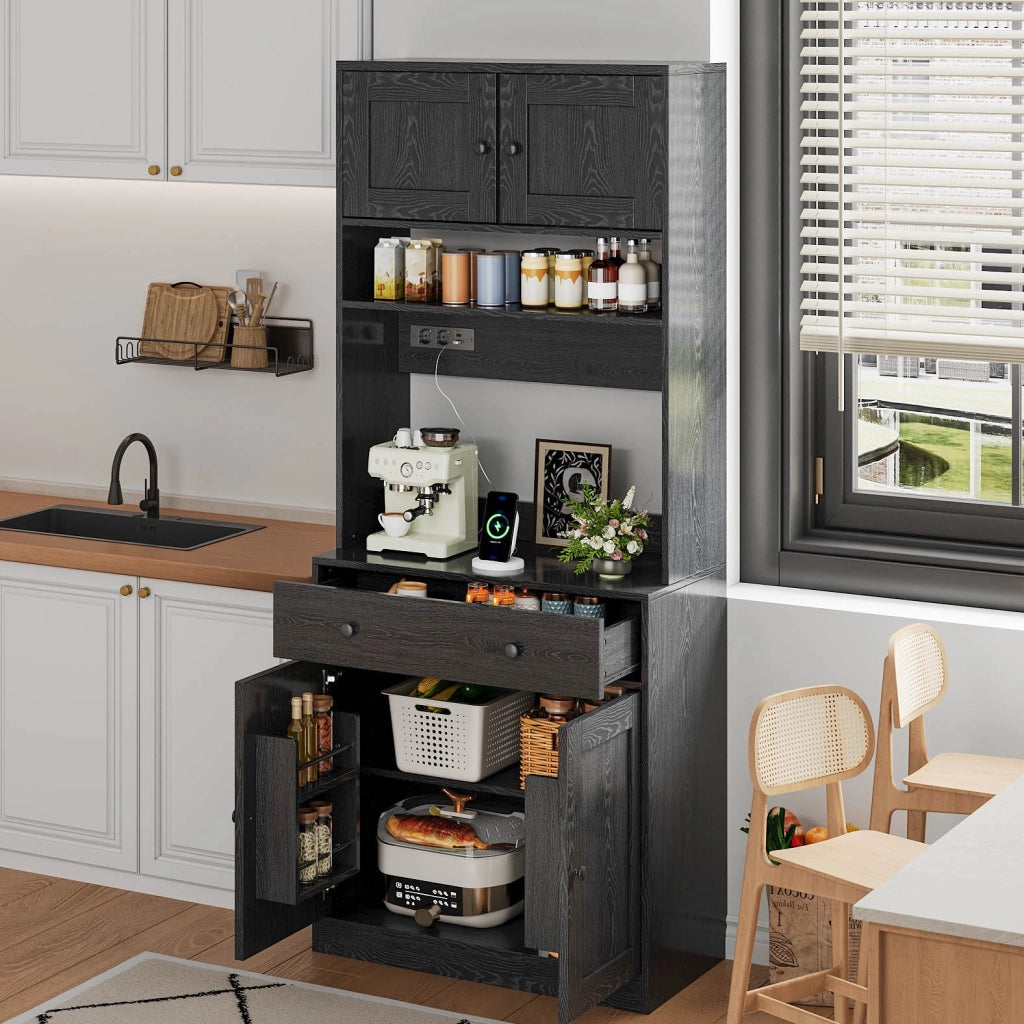 Mobile da cucina 72 × 40 × 180 cm con LED RGB prese AC e USB cassetto grande ripiani MDF nero fissaggio a parete