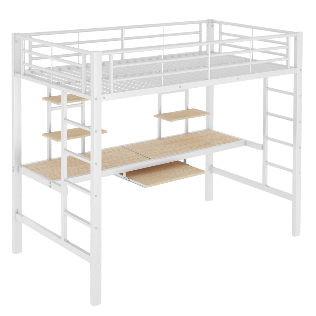 Letto a soppalco in metallo bianco 90x200 cm con scrivania e scaffali integrati