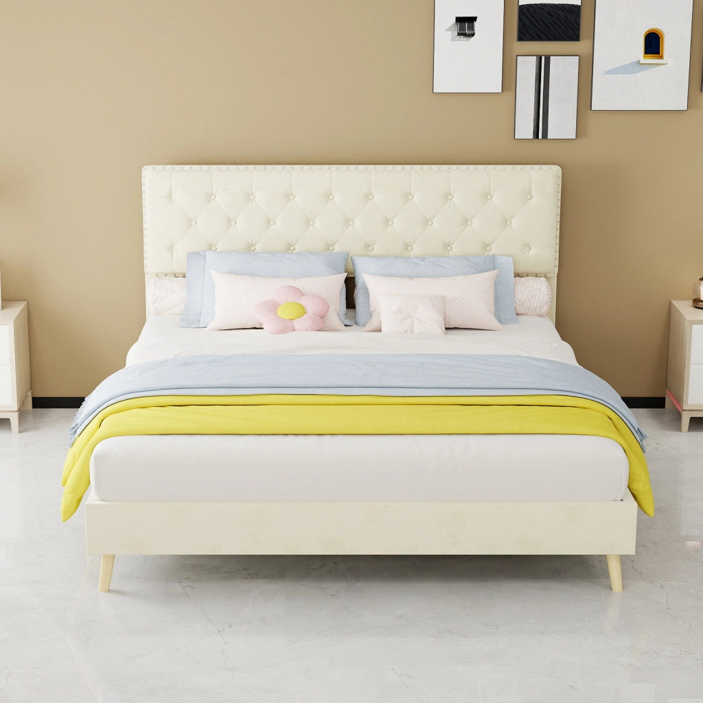Letto matrimoniale beige in velluto 160 × 200 cm con materasso