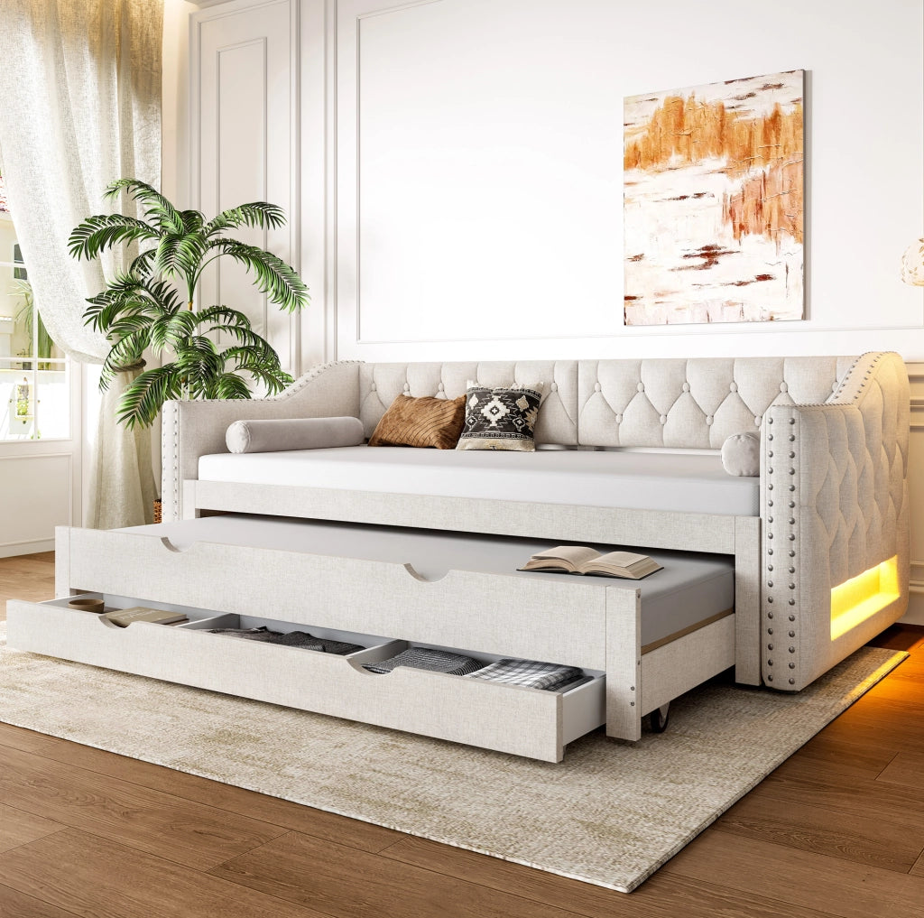 Letto singolo 90x200 cm con letto estraibile; 3 cassetti e luci LED; beige