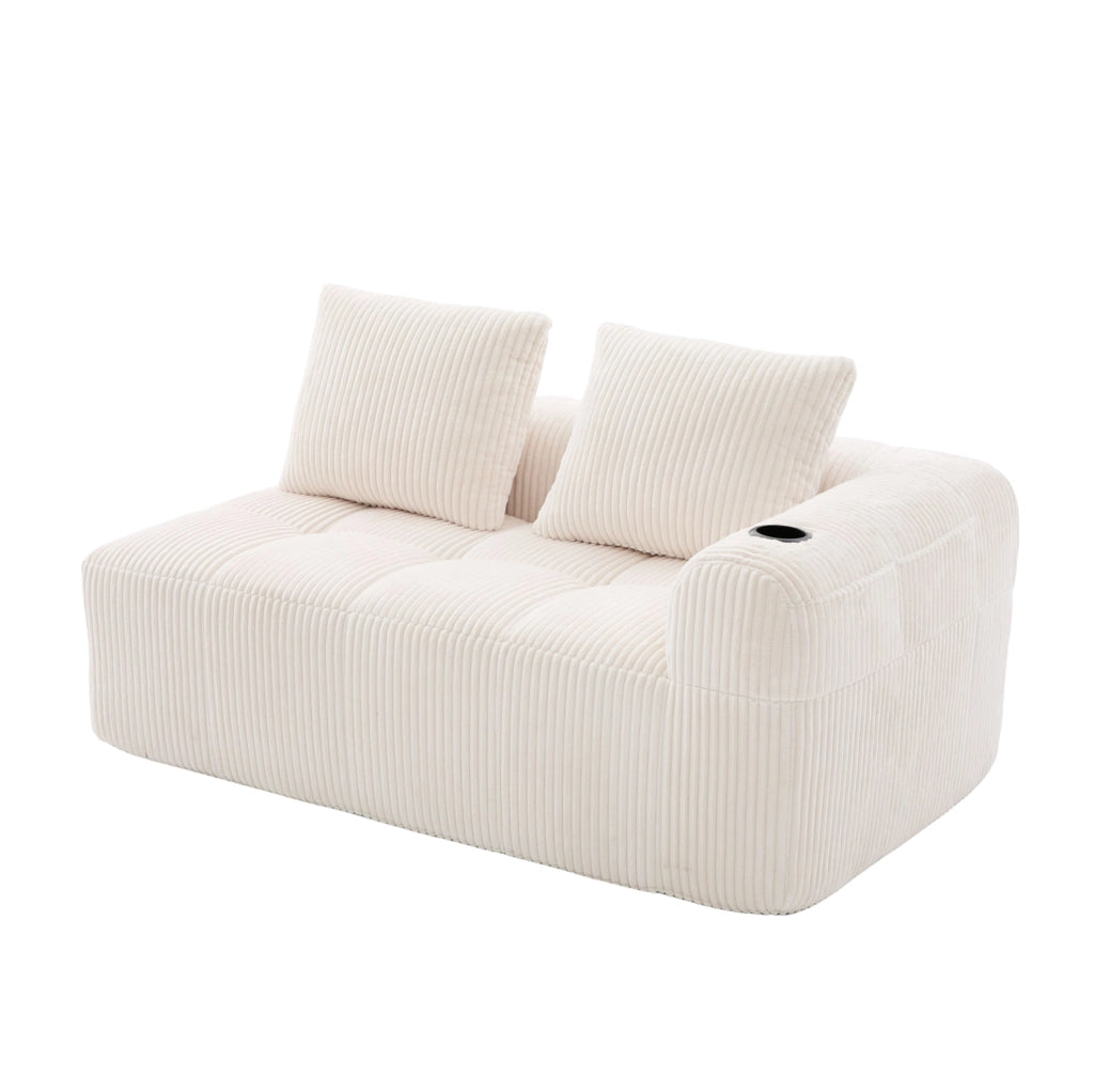 Divano 2 posti 158x93x61 cm in velluto a coste beige con tasche laterali e portabicchiere