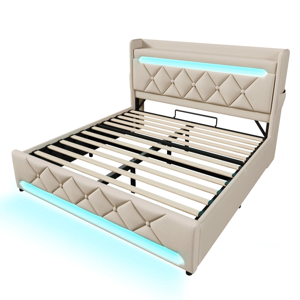 Letto Contenitore 160 x 200 cm Letto Matrimoniale USB Tipo C e LED in Lino Beige