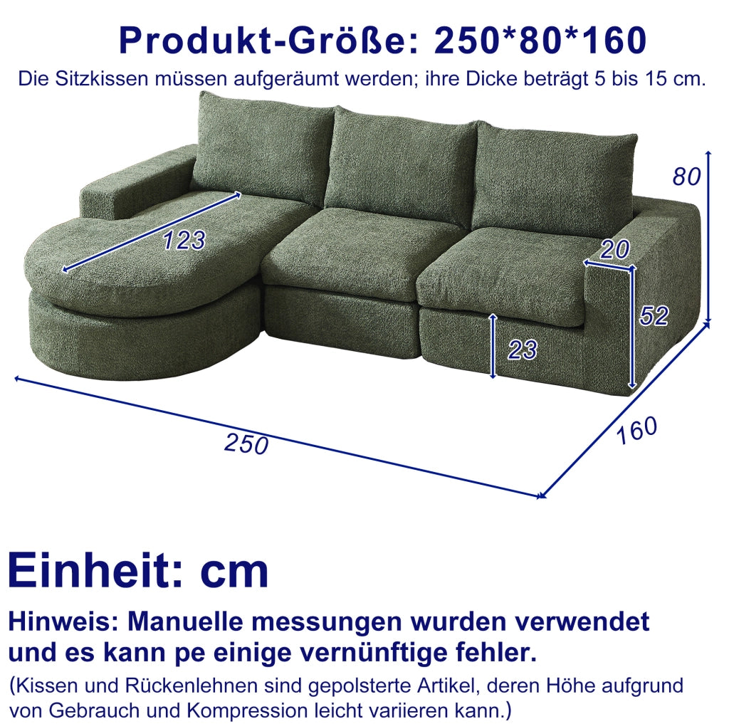Divano modulare in ciniglia verde con chaise longue reversibile