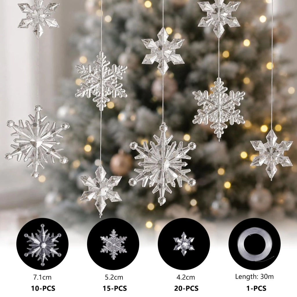 Decorazioni a forma di fiocchi di neve, set da 45 pezzi, in acrilico trasparente, dimensioni 4,5–7,5 cm, con 30 metri di filo