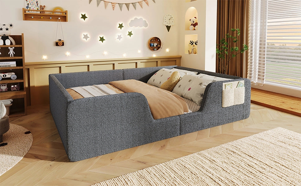 Letto con cassetti 90 ¡Á 200 cm imbottito con testiera regolabile e borchie decorative in lino e MDF grigio
