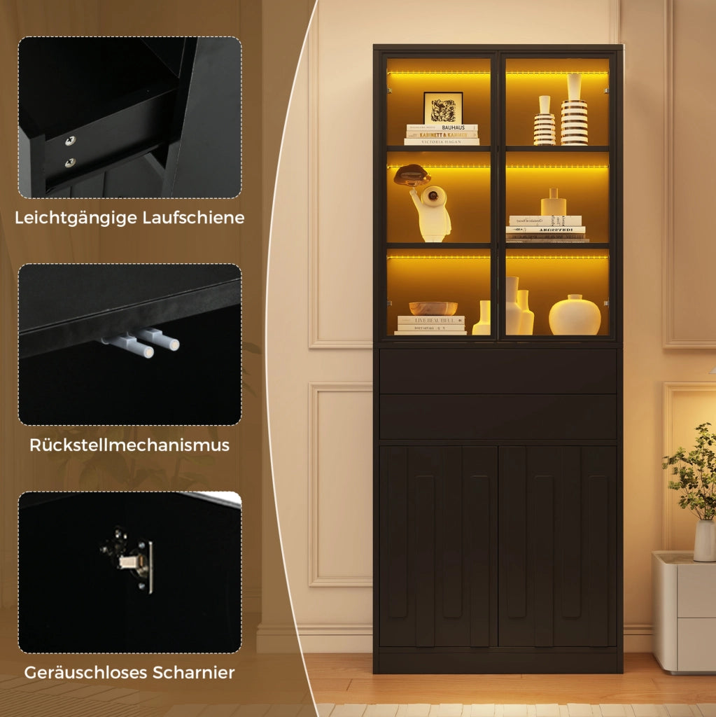 Vetrina alta 70x34x180 cm con LED Bluetooth; 2 cassetti e vetro temperato; nera