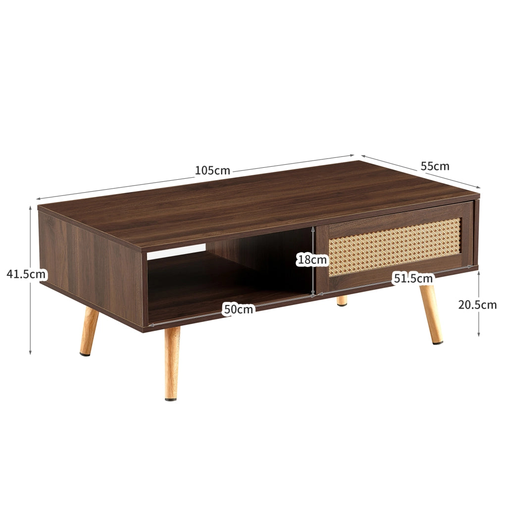 Tavolino da salotto in rattan con ante scorrevoli gambe in legno noce scuro