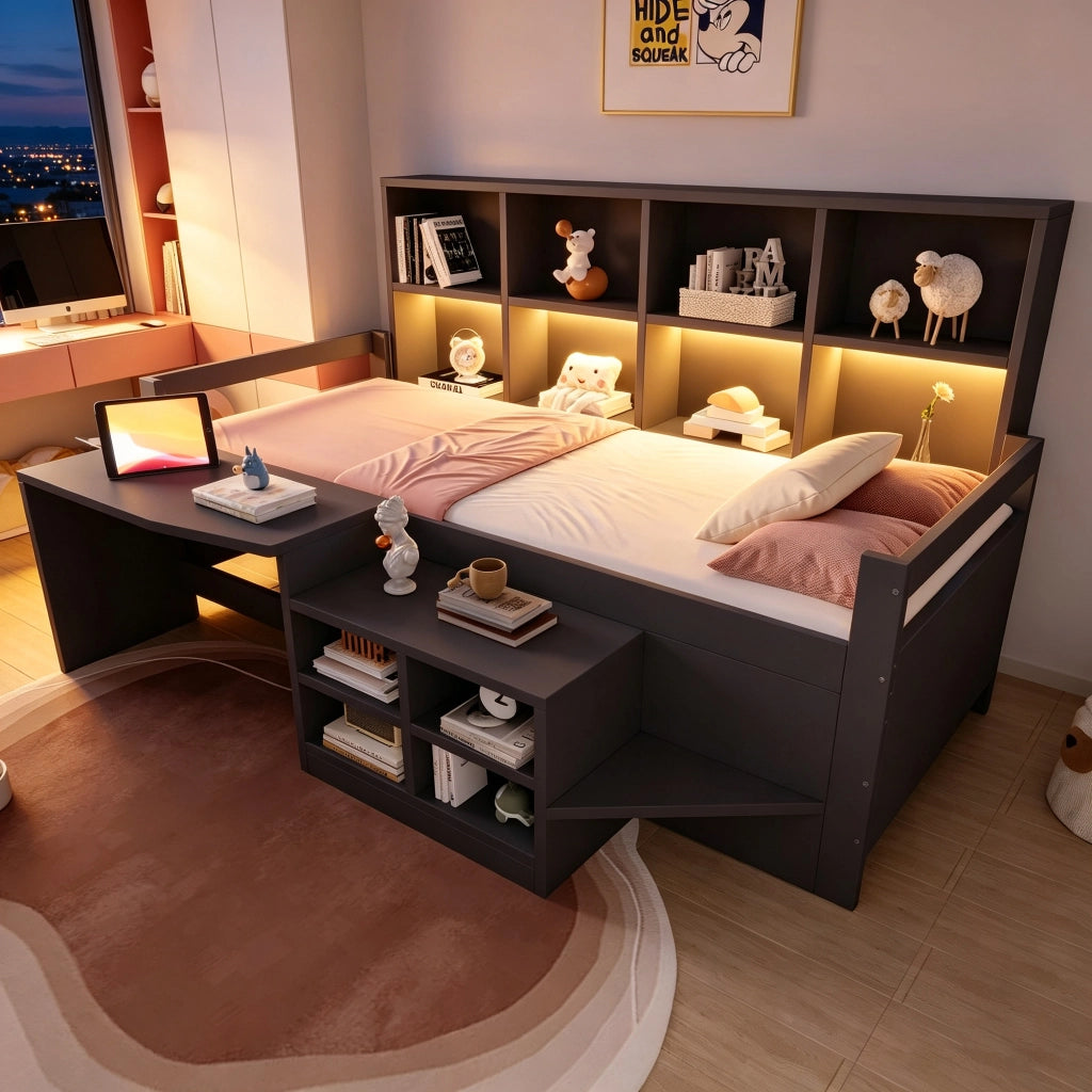 Letto a soppalco singolo 90 × 200 cm con scrivania vani contenitore prese USB LED in legno grigio