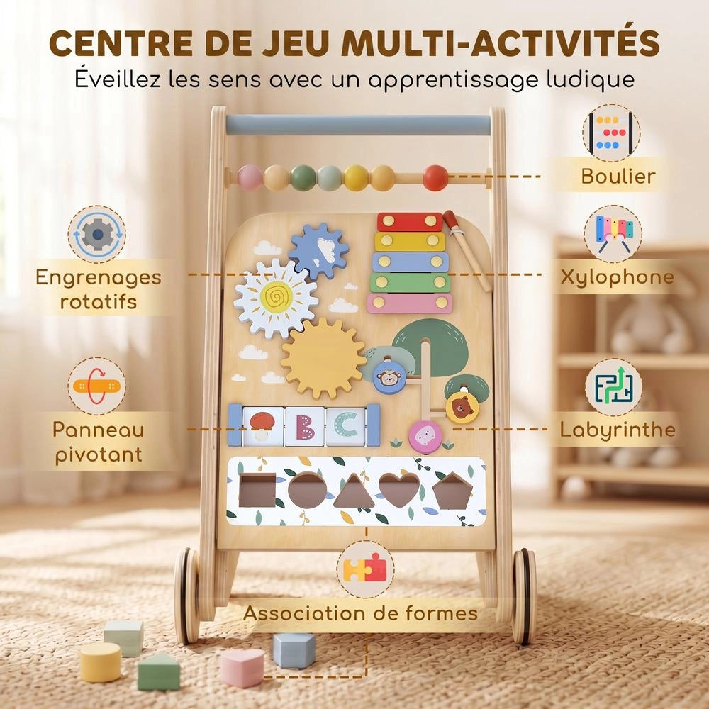 Carrello primi passi in legno naturale per bambini con centro attività e ruote regolabili, robusto e pratico