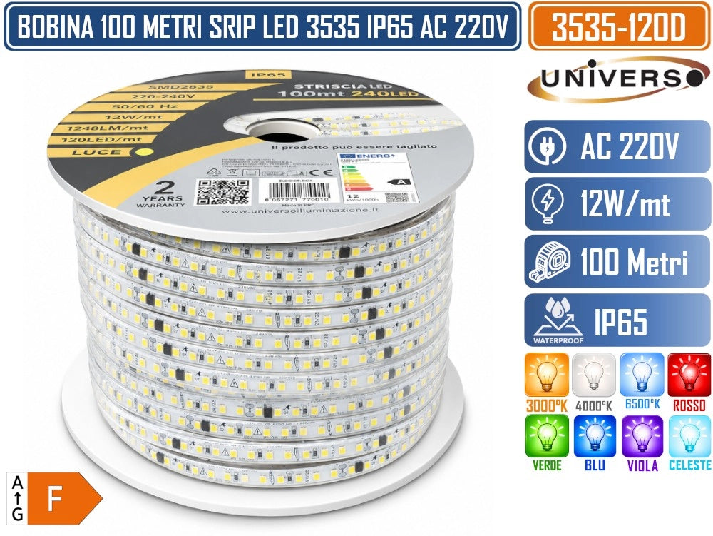 UNIVERSO 3535-120D BOBINA STRISCIA LED 220V IP65 100 METRI 120 LED/M 12W/M DA ESTERNO IP65– DISPONIBILE IN 3000K, 4000K, 6500K, ROSSO, VERDE, BLU, VIOLA E CELESTE - Colore Luce:Bianco Caldo