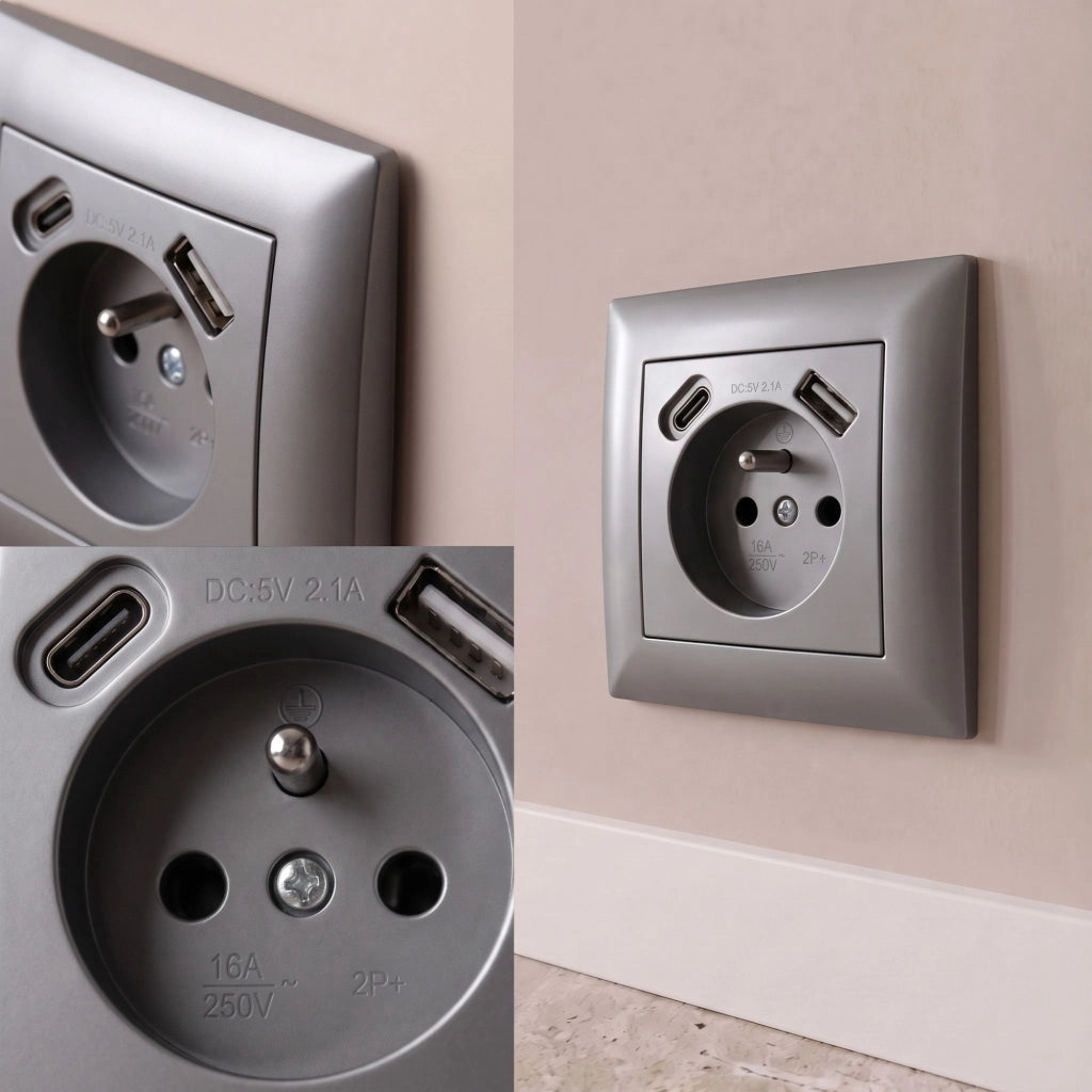 Presa Singola Con Messa A Terra + Usb-a Usb-c Oste Jnh004-g Grey