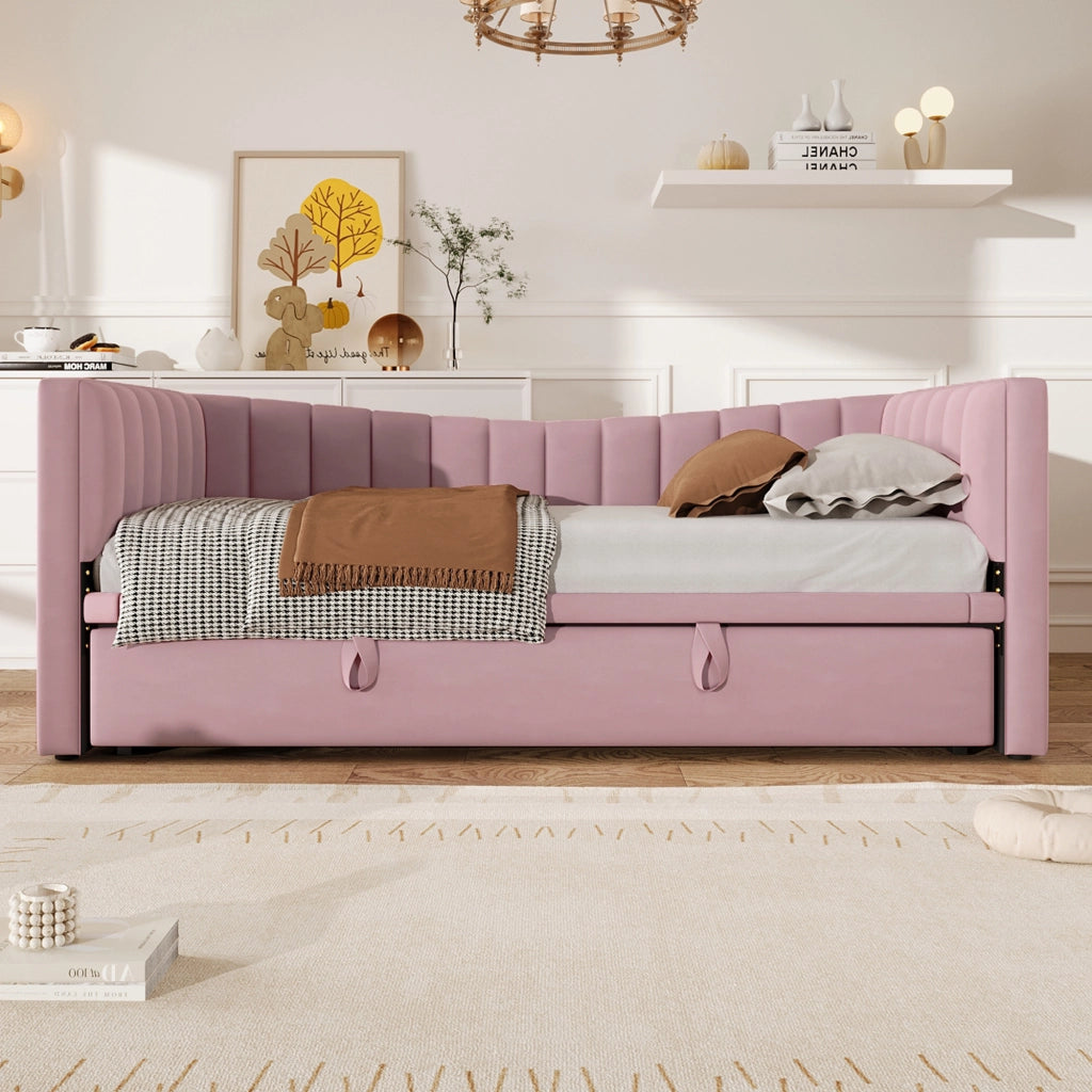 Divano letto 90 × 200 cm con letto estraibile rialzabile in velluto rosa e struttura in MDF