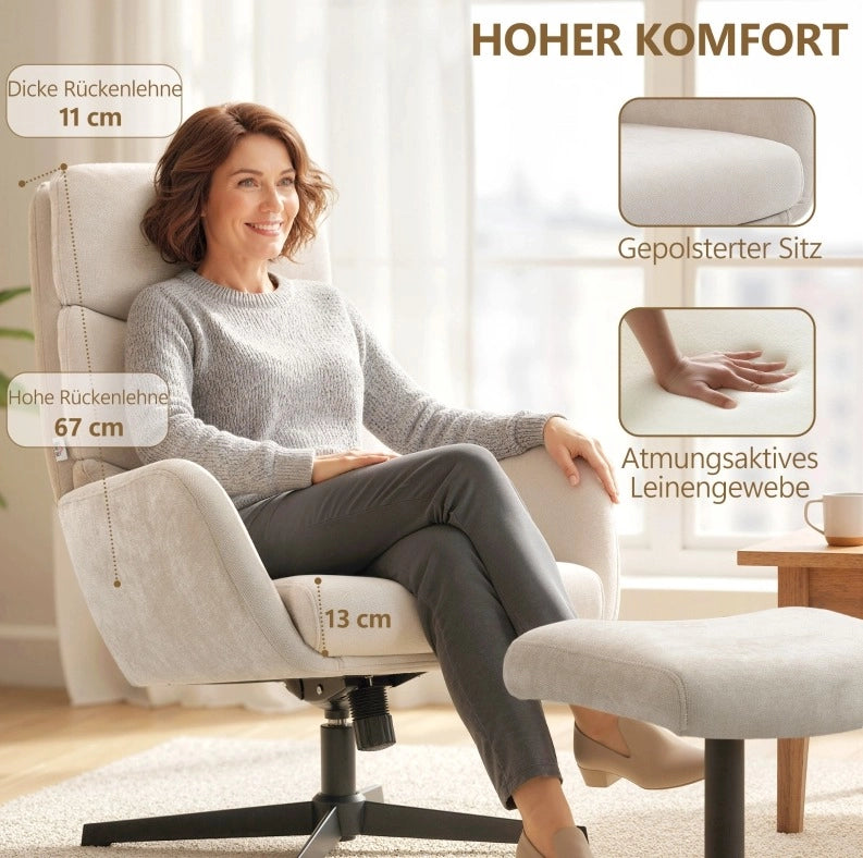 Poltrona relax beige con poggiapiedi, schienale alto e base in metallo