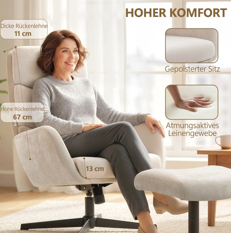 Poltrona relax beige con poggiapiedi, schienale alto e base in metallo