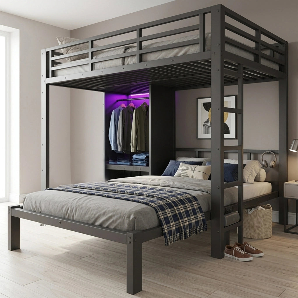 Letto a castello in metallo nero 120 x 200 cm con armadio integrato e luce LED per cameretta