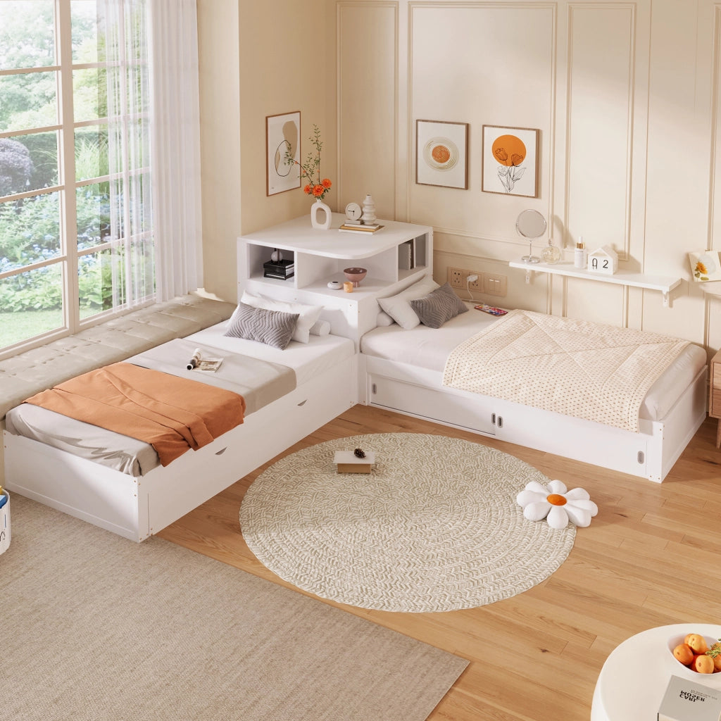 Letto singolo a piattaforma 90 × 200 cm con letto estraibile in MDF e legno bianco con luce LED e ante scorrevoli