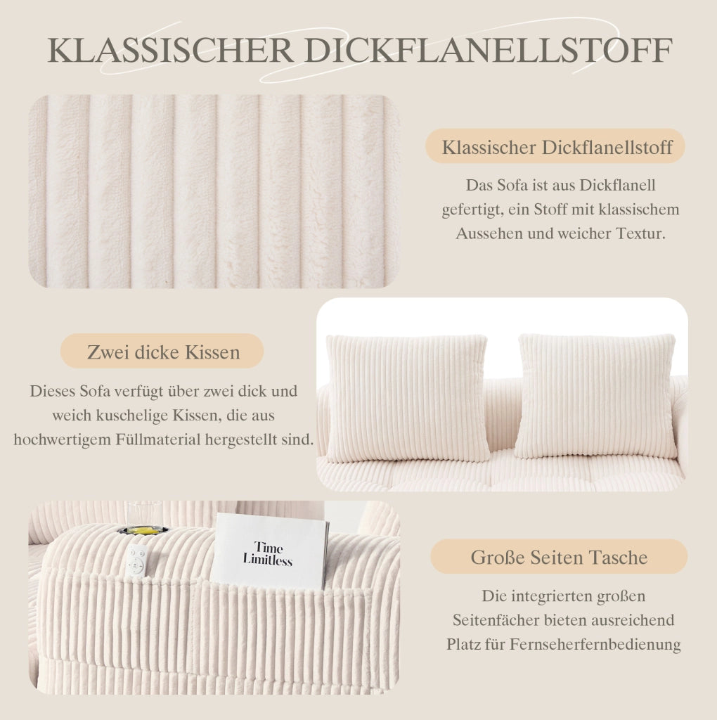 Divano 2 posti 158x93x61 cm in velluto a coste beige con tasche laterali e portabicchiere